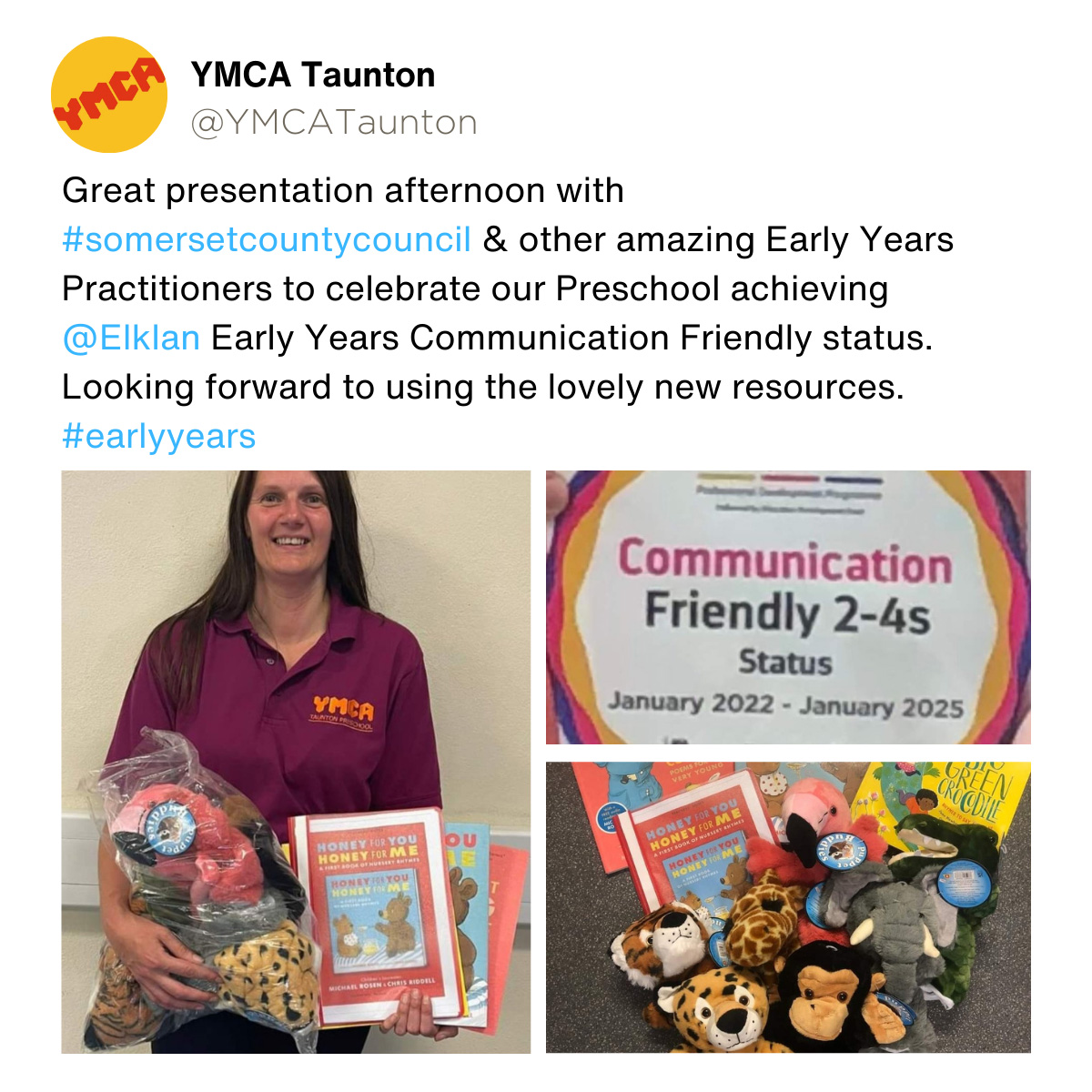 YMCA Taunton: Great presentation afternoon with Somerset County Council & other amazing Early Years Practitioners to celebrate our Preschool achieving Elklan Early Years Communication Friendly status. Looking forward to using the lovely new resources.