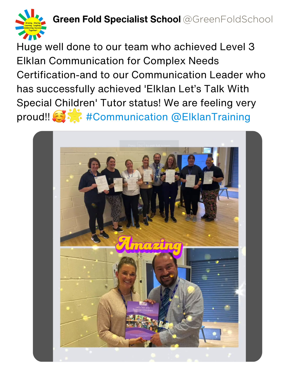Green Fold Specialist School: Huge well done to our team who achieved Level 3 Elklan Communication for Complex Needs Certification - and to our Communication Leader who has successfully achieved 'Elklan Let's Talk With Special Children' Tutor status! We are very proud!!