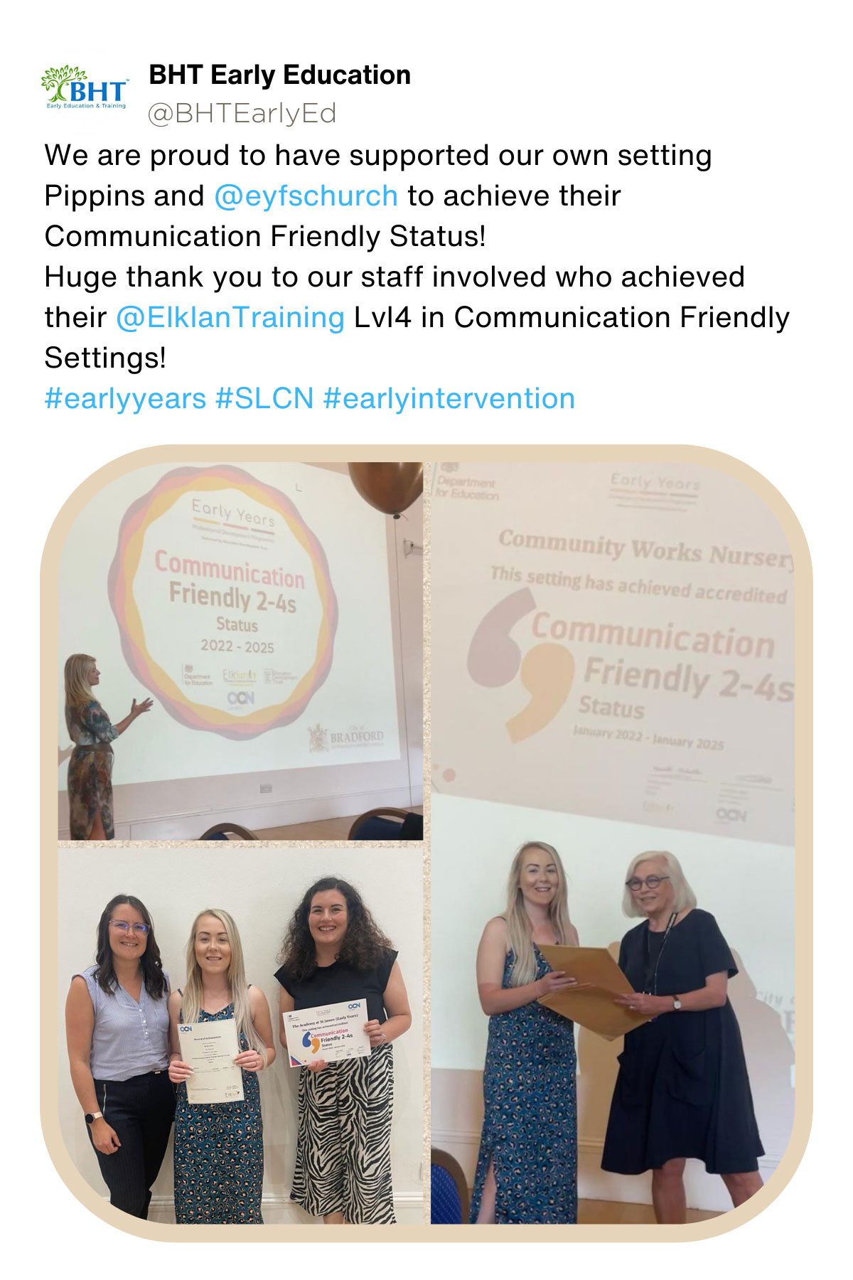 BHT Early Education: We are proud to have supported our own setting Pippins and EYFSchurch to achieve their Communication Friendly Status! Huge thank you to our staff involved who achieved their Elklan Training Level 4 in Communication Friendly Settings!
