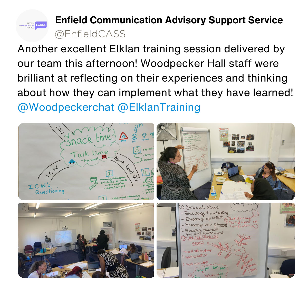 Enfield Communication Advisory Support Service: Another excellent Elklan training session delivered by our team this afternoon! Woodpecker Hall staff were brilliant at reflecting on their experiences and thinking about how they can implement what they have learned!