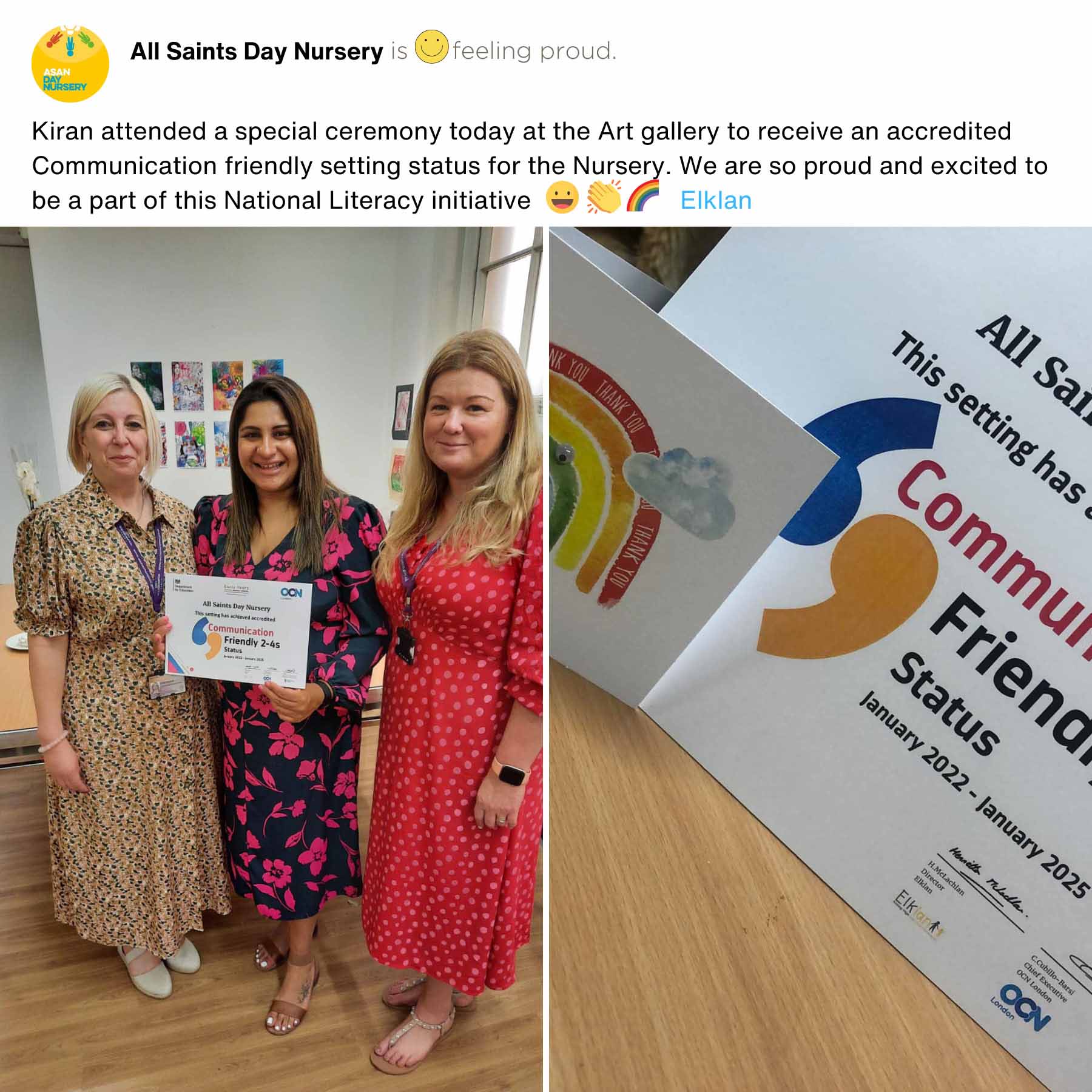 All Saints Day Nursery: is feeling proud. Kiran attended a special ceremony today at the Art gallery to receive an accredited Communication Friendly Setting status for the Nursery. We are so proud and excited to be part of this National Literacy initiative.